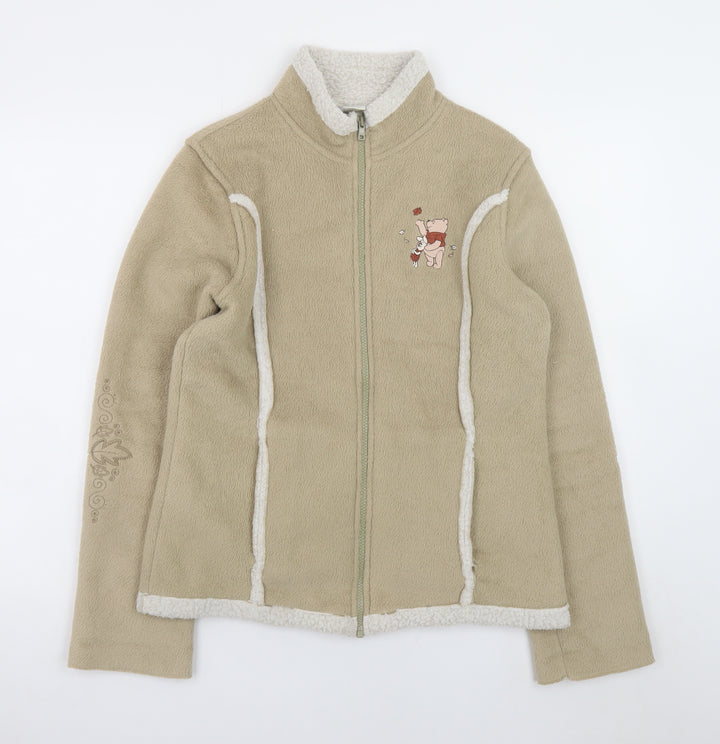 Disney Women Beige Fleece Jacket S Full Zip Embroidered Poem Design