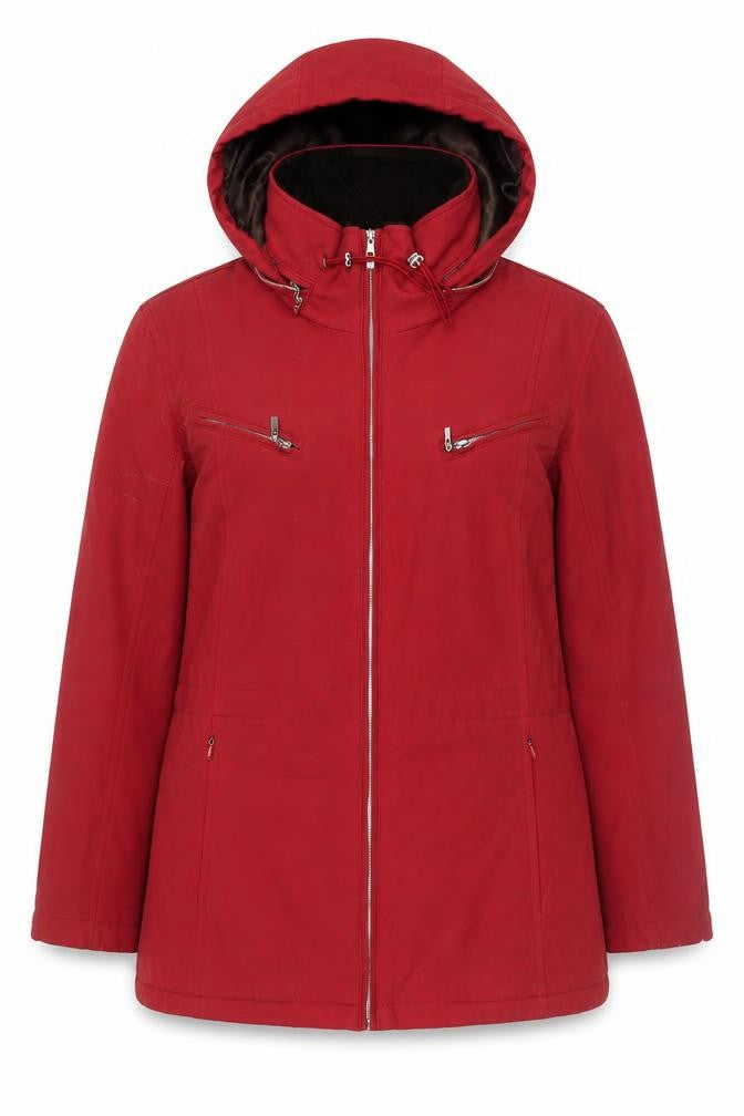 Front view of Weatherproof Women's Red Hooded Waterproof Mid-Length Parka Coat M