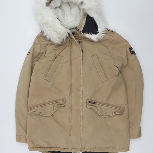 Superdry Women's Beige Faux Fur Hooded Parka Coat Size 12
