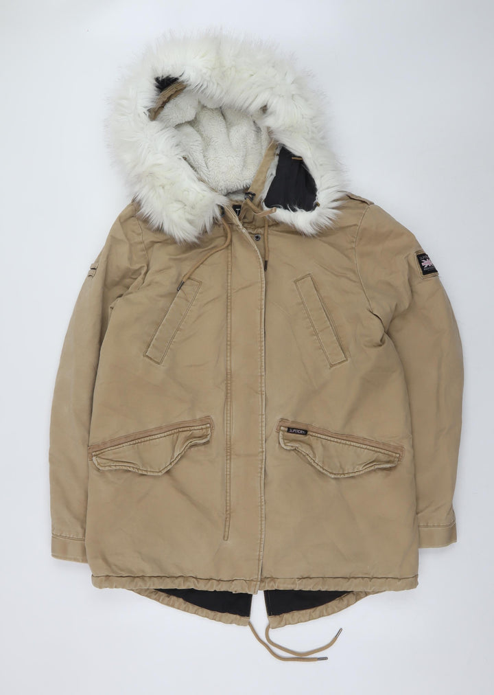 Superdry Women's Beige Faux Fur Hooded Parka Coat Size 12