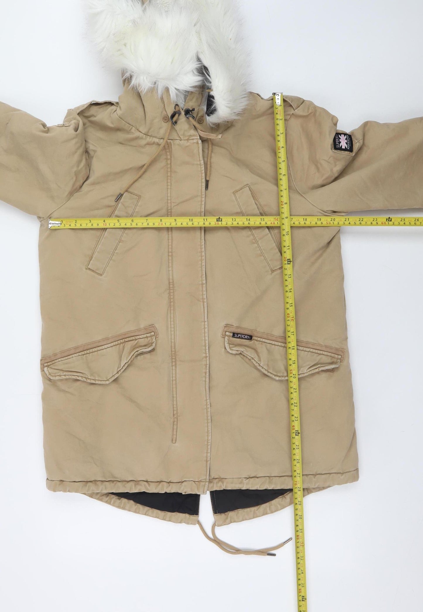 Superdry Women's Beige Faux Fur Hooded Parka Coat Size 12