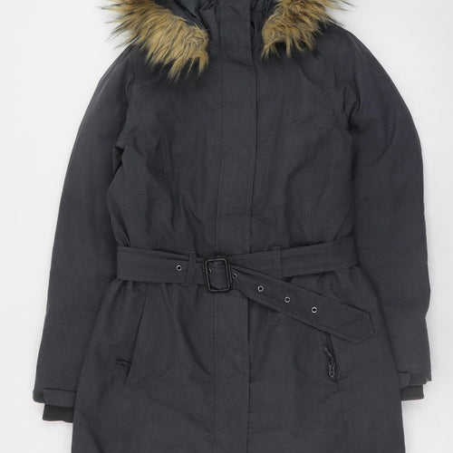 Peter Storm Women's Black Faux Fur Hooded Belted Parka Coat Size 12
