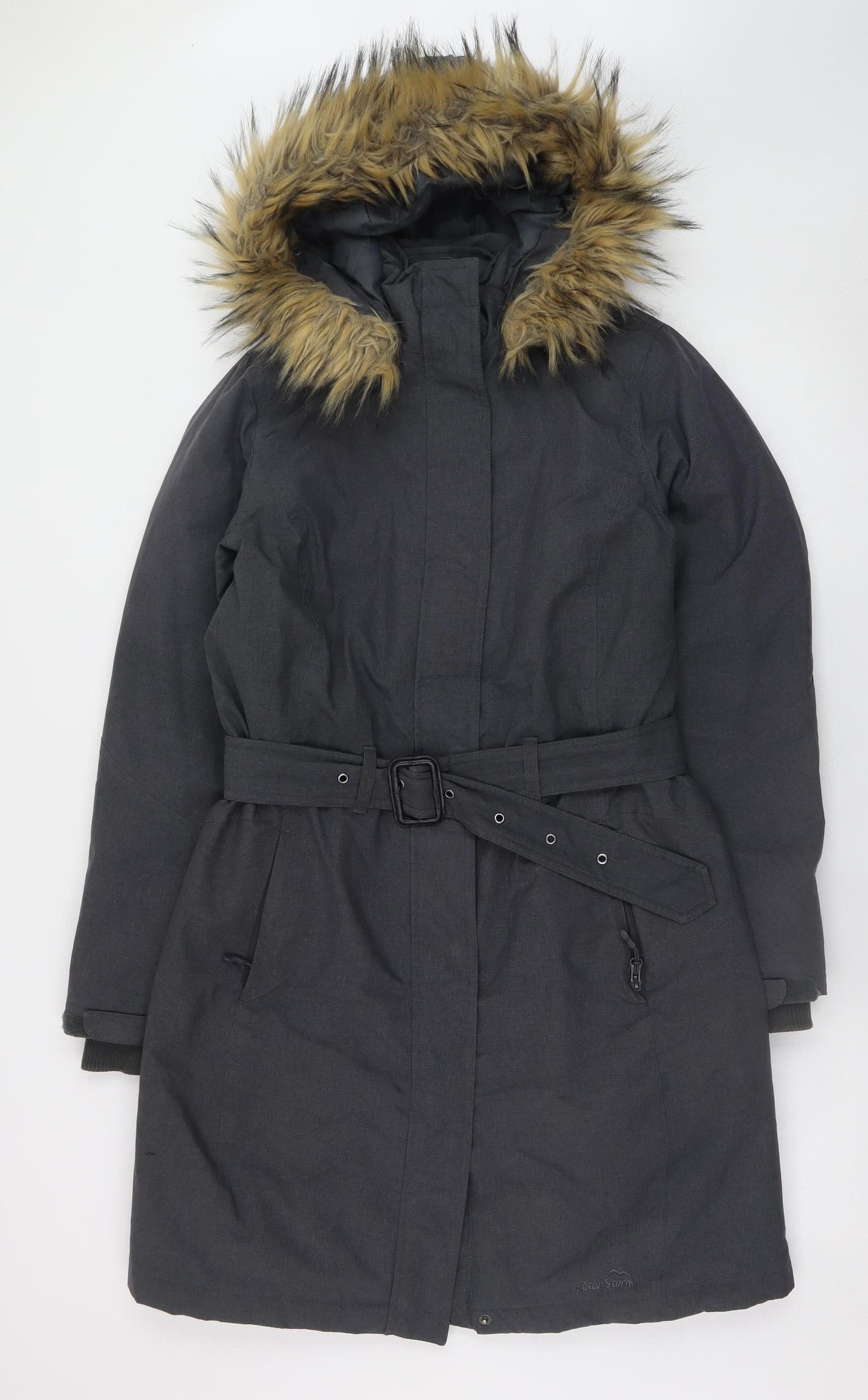 Peter Storm Women's Black Faux Fur Hooded Belted Parka Coat Size 12