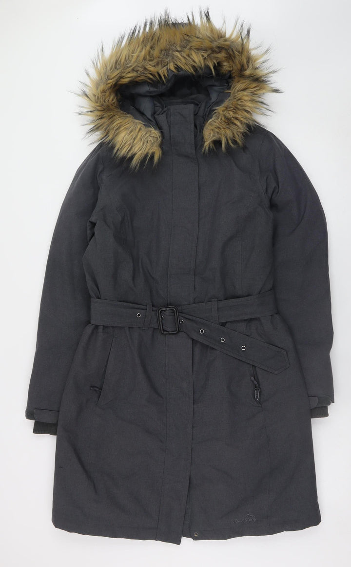 Peter Storm Women's Black Faux Fur Hooded Belted Parka Coat Size 12