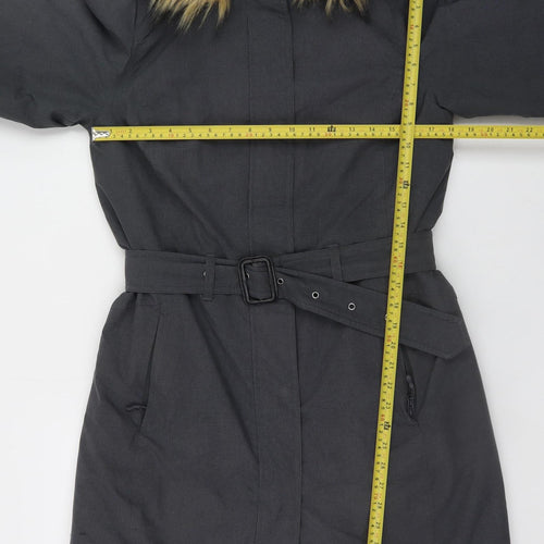 Peter Storm Women's Black Faux Fur Hooded Belted Parka Coat Size 12