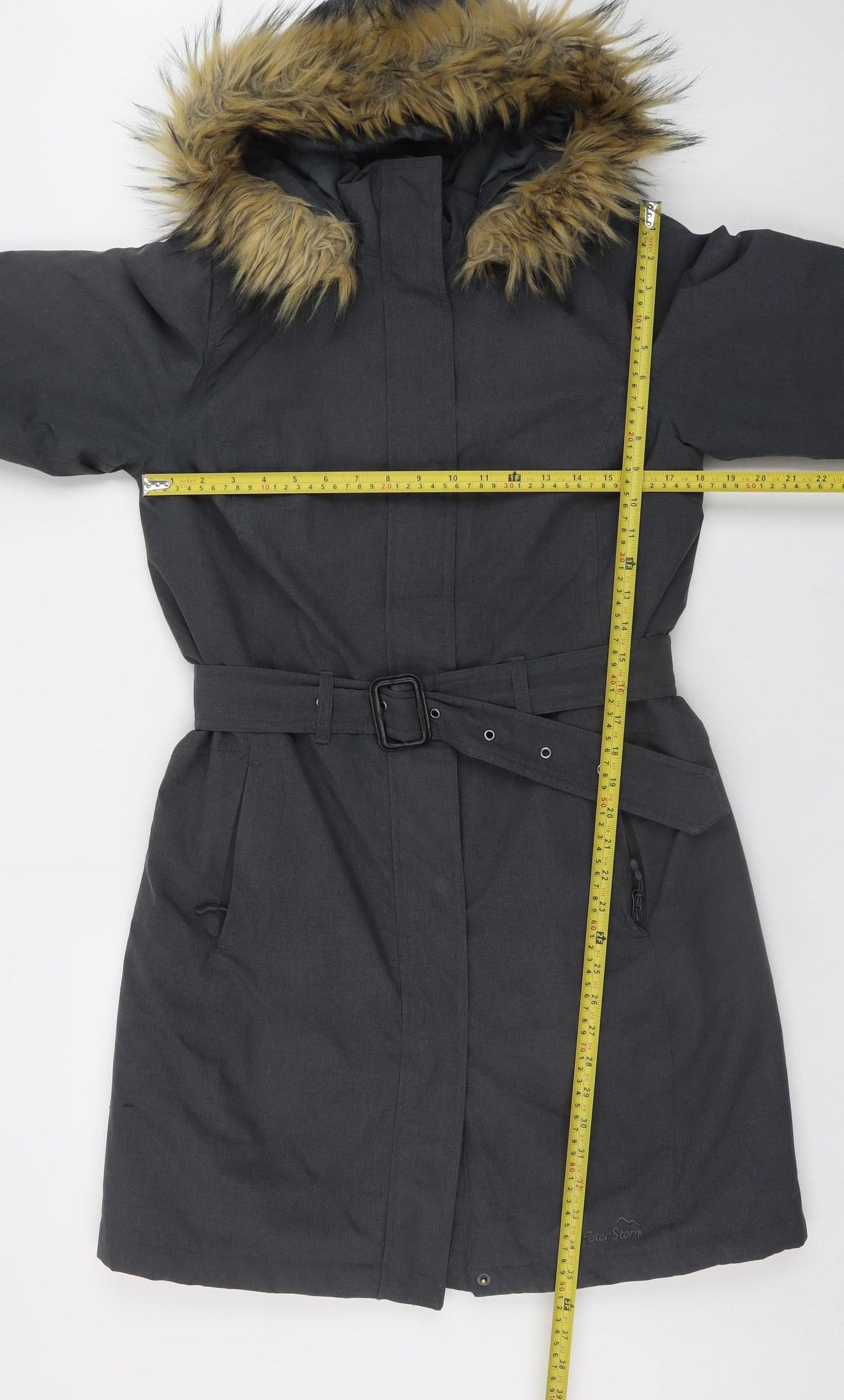 Peter Storm Women's Black Faux Fur Hooded Belted Parka Coat Size 12