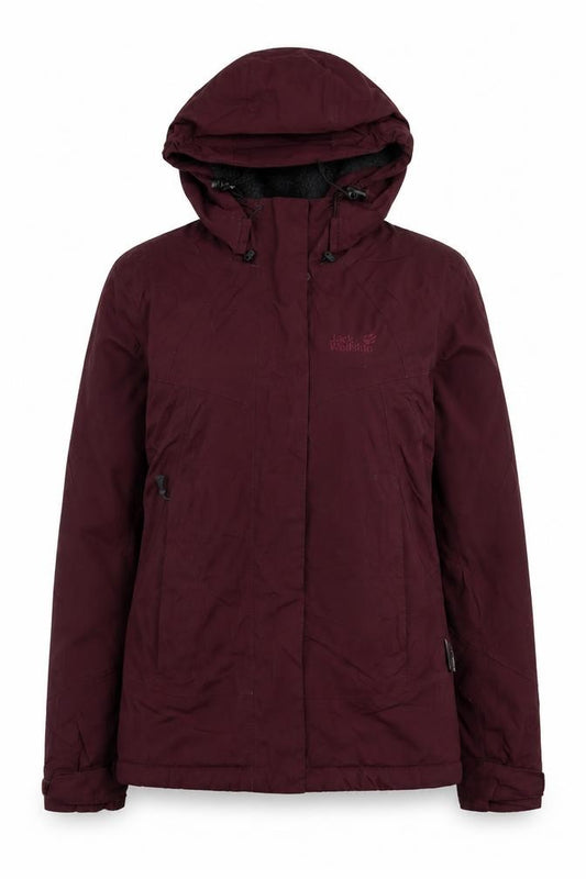 Front view of Jack Wolfskin Women's Red Waterproof Hooded Parka Jacket, size 8