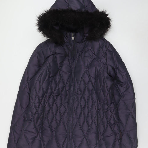 Marks and Spencer Per Una Women's Purple Quilted Faux Fur Hooded Puffer Jacket Size M