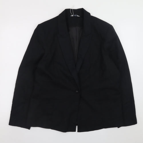 Classic Black Linen Blend Blazer Women Size 18 Single Breasted Lined