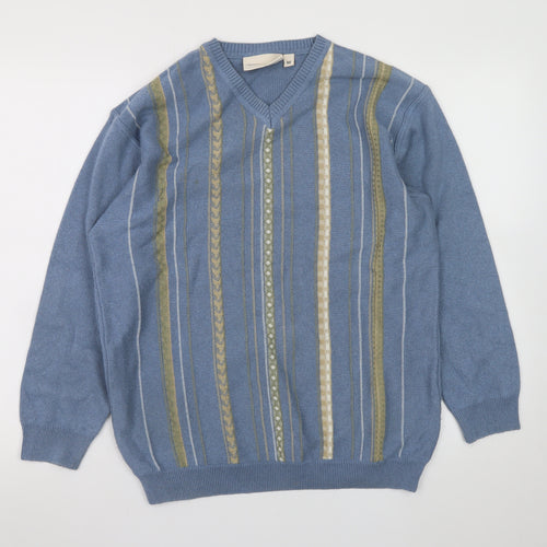 Greenwoods Mens Blue V-Neck Striped Cotton Acrylic Jumper M