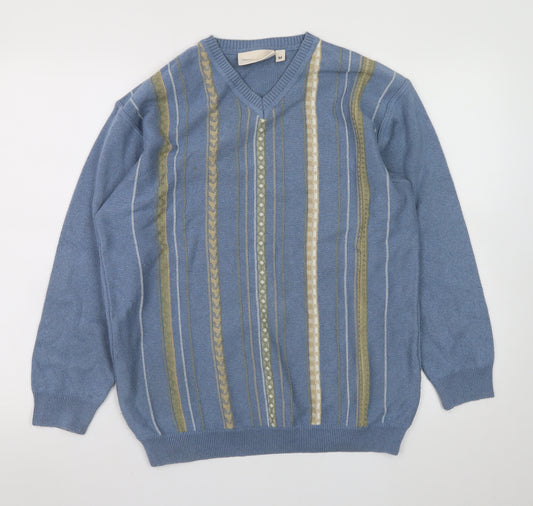 Greenwoods Mens Blue V-Neck Striped Cotton Acrylic Jumper M