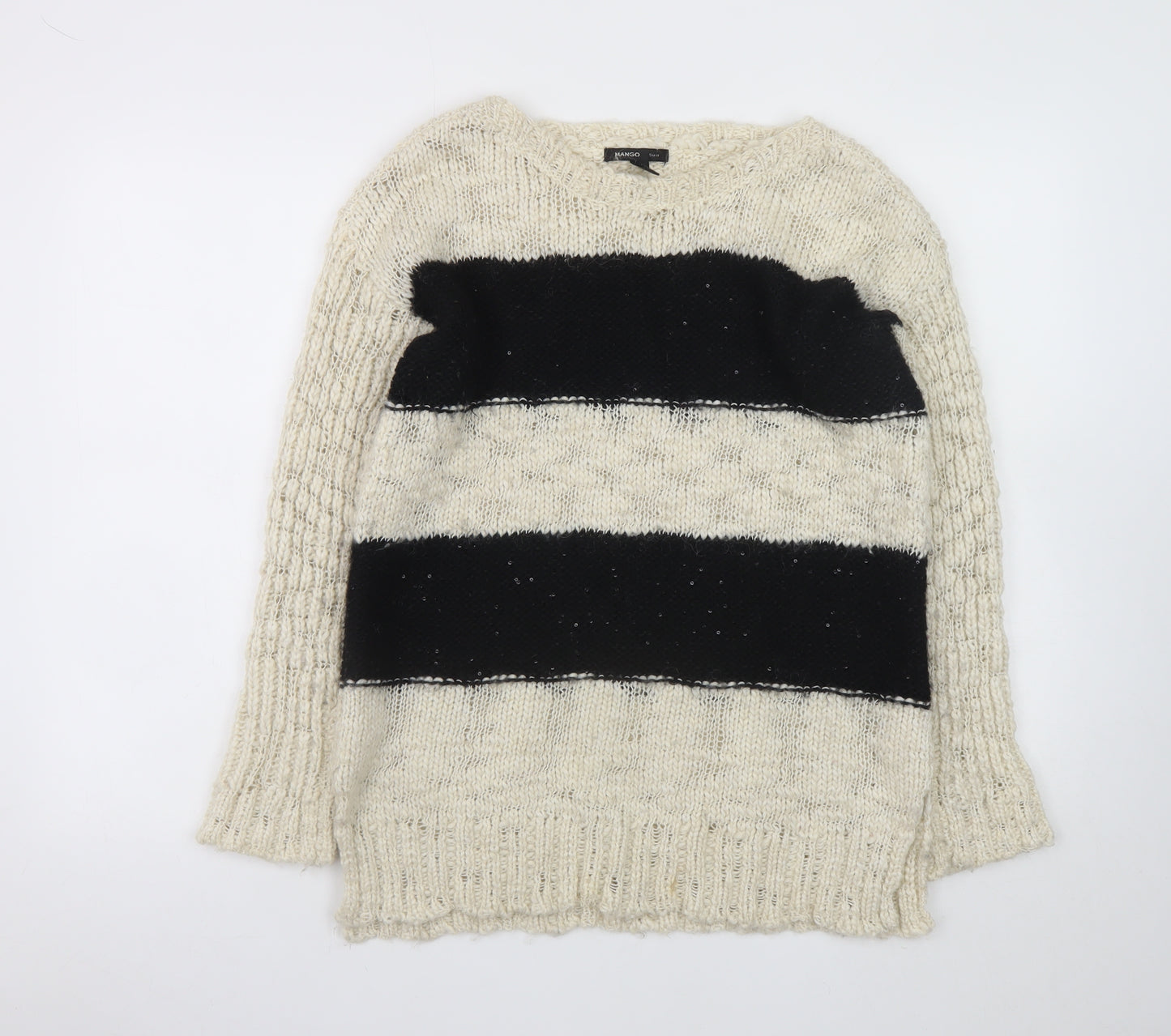Mango Women’s Black Beige Stripe Knit Wool Blend Jumper Size 14