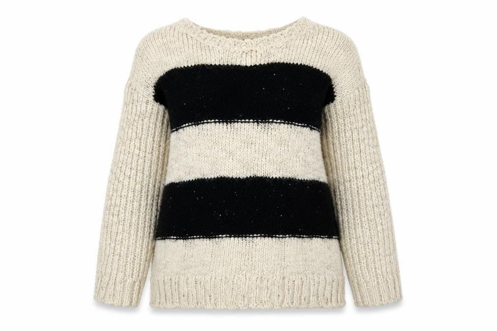 Front view of Mango Women’s Black Beige Stripe Knit Wool Blend Jumper, size UK 14