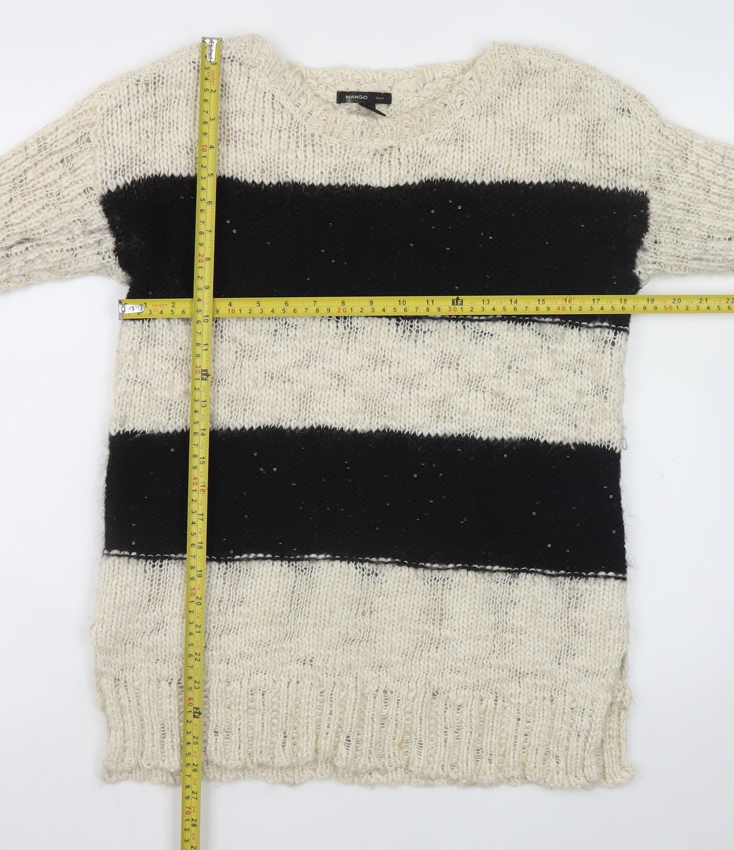 Mango Women’s Black Beige Stripe Knit Wool Blend Jumper Size 14