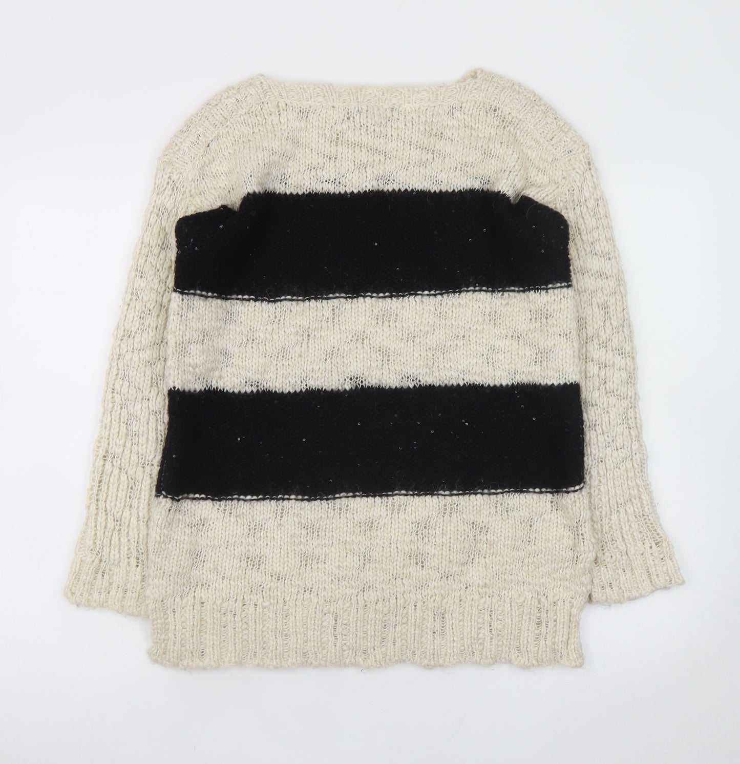 Mango Women’s Black Beige Stripe Knit Wool Blend Jumper Size 14