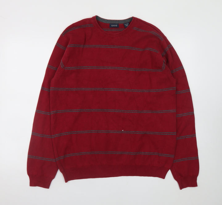 IZOD Men's Red Striped Cotton Crew Neck Jumper Size L
