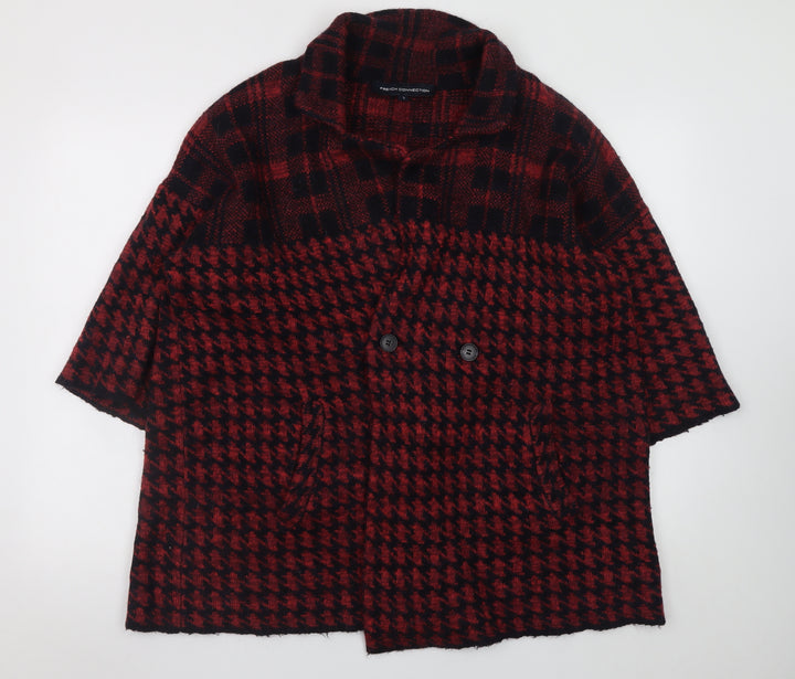 French Connection Women's Red Houndstooth Wool Blend Mid-Length Coat L