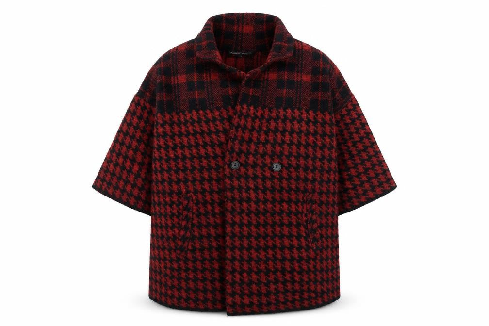 French Connection Women's Red Houndstooth Wool Blend Mid-Length Coat L