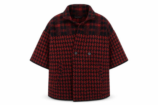 Front view of French Connection Women's Red Houndstooth Wool Blend Mid-Length Coat L