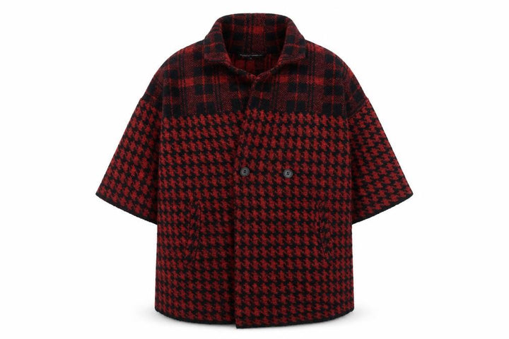 French Connection Women's Red Houndstooth Wool Blend Mid-Length Coat L