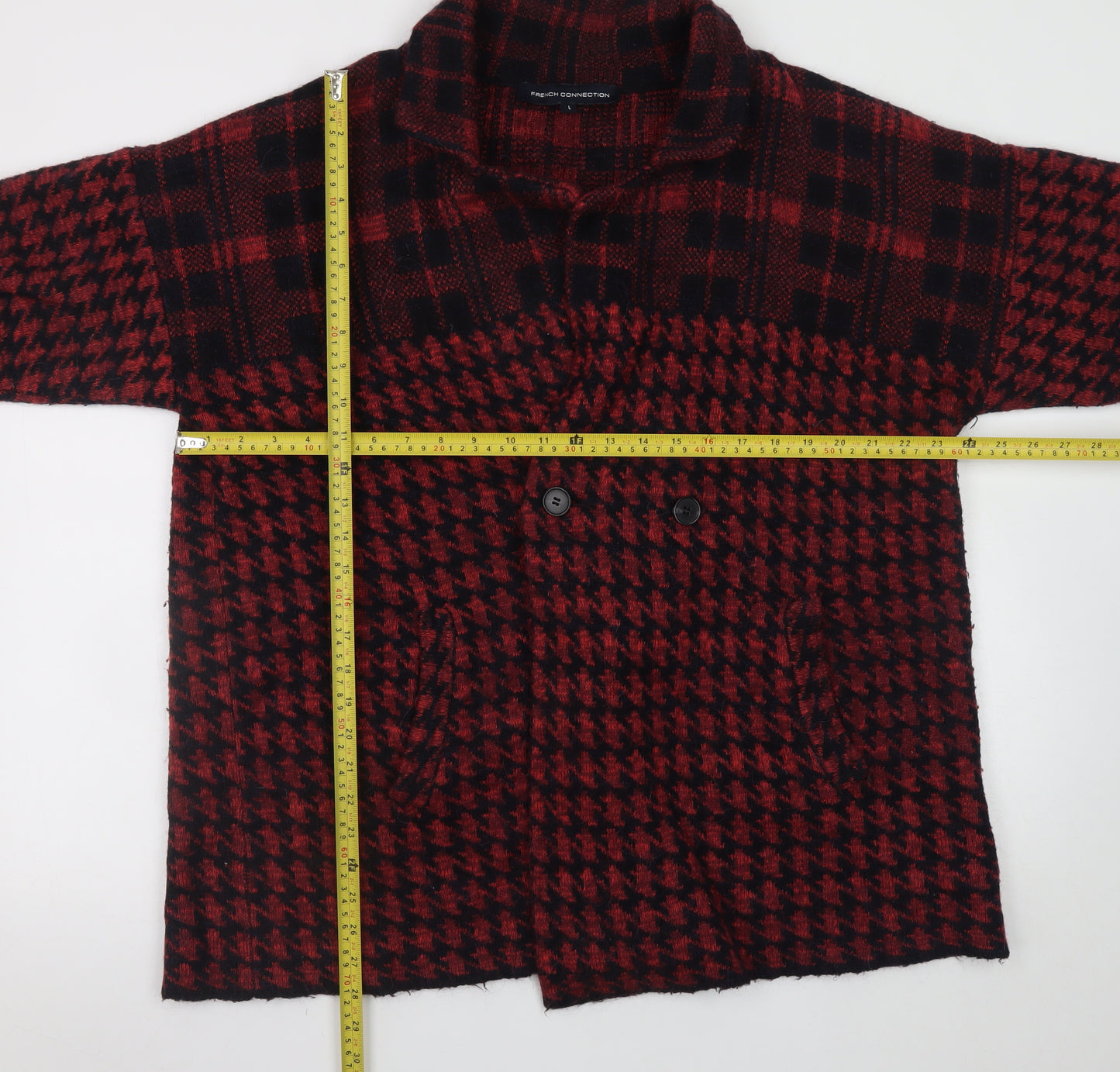 French Connection Women's Red Houndstooth Wool Blend Mid-Length Coat L