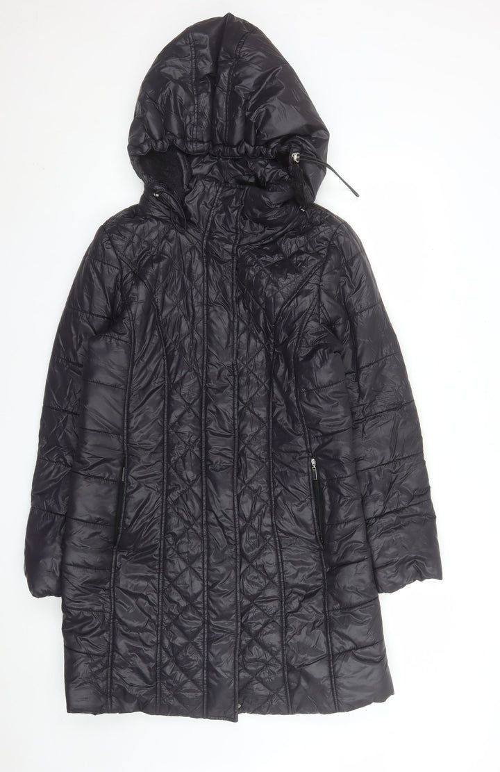 Ashley Brooke Womens Black Quilted Long Hooded Puffer Coat Size 16