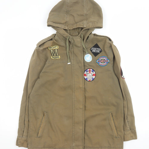 Topshop Women’s Green Hooded Military Jacket UK 8 Cotton Patches