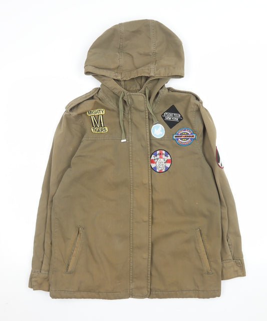 Topshop Women’s Green Hooded Military Jacket UK 8 Cotton Patches