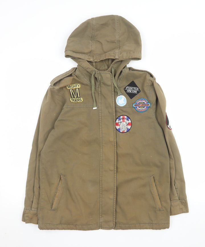 Topshop Women’s Green Hooded Military Jacket UK 8 Cotton Patches