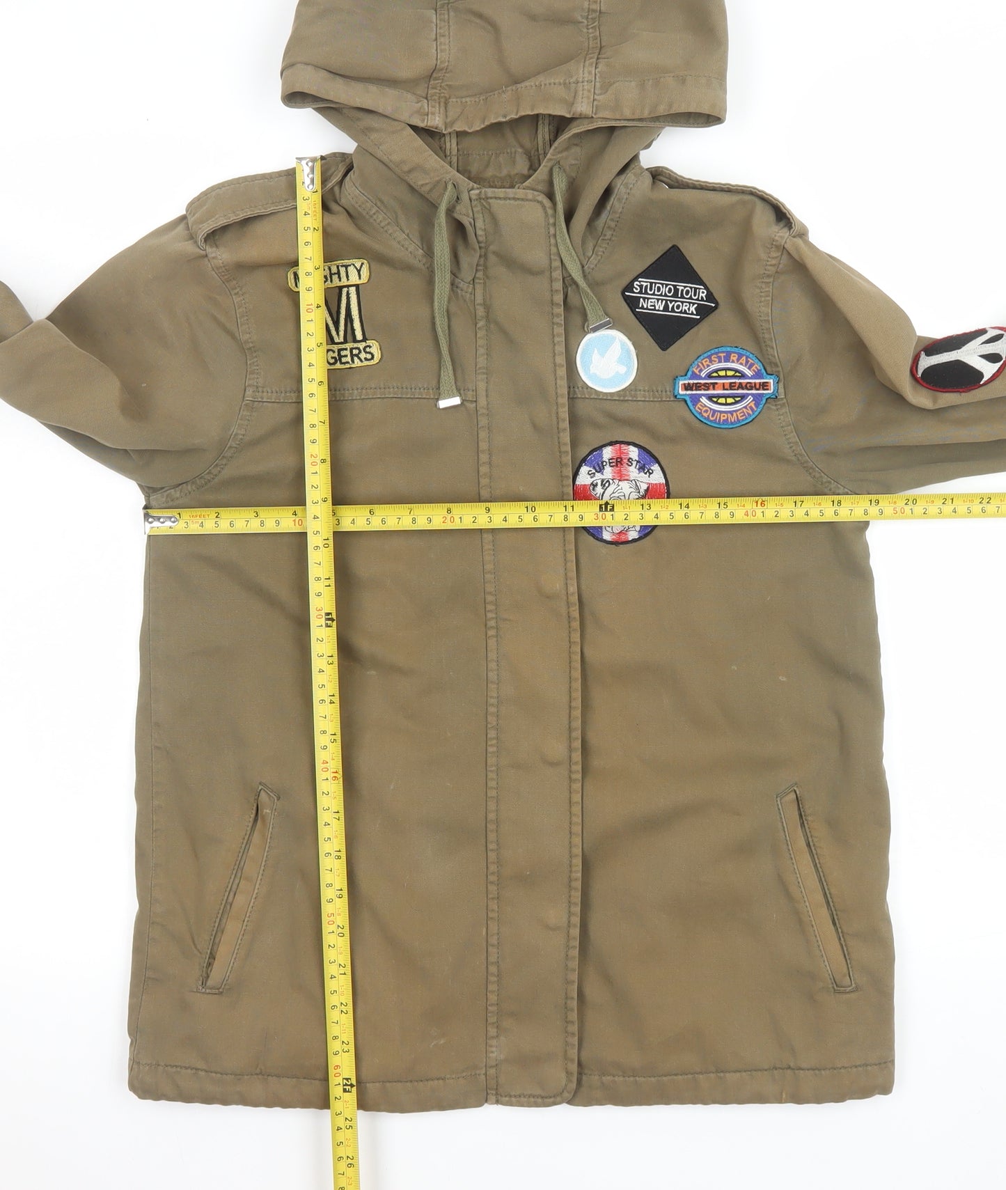 Topshop Women’s Green Hooded Military Jacket UK 8 Cotton Patches