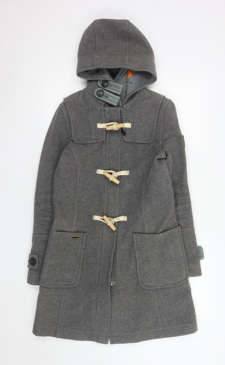 Superdry Men's Grey Wool Blend Duffle Coat XS Hooded Toggle Winter Jacket