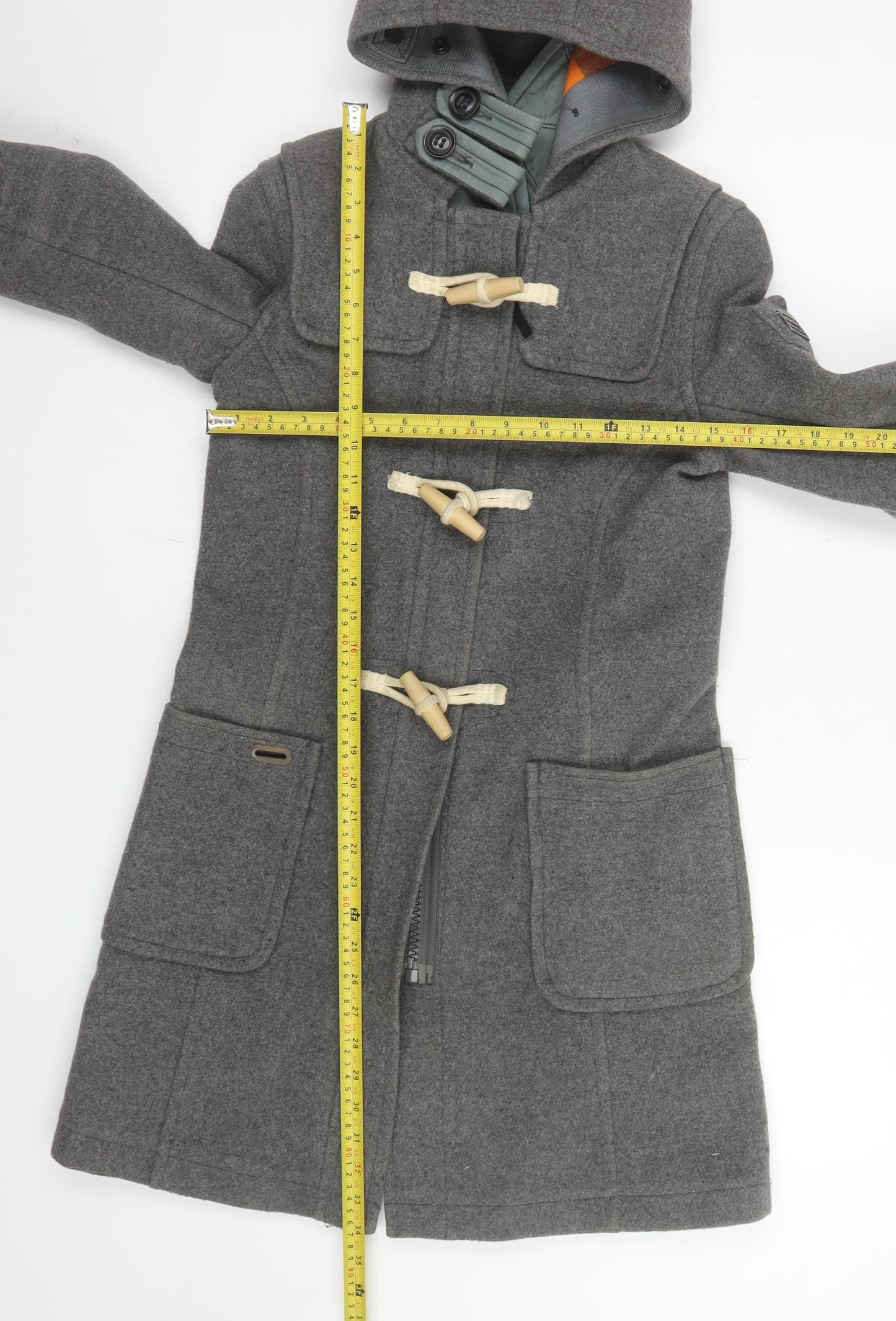 Superdry Men's Grey Wool Blend Duffle Coat XS Hooded Toggle Winter Jacket