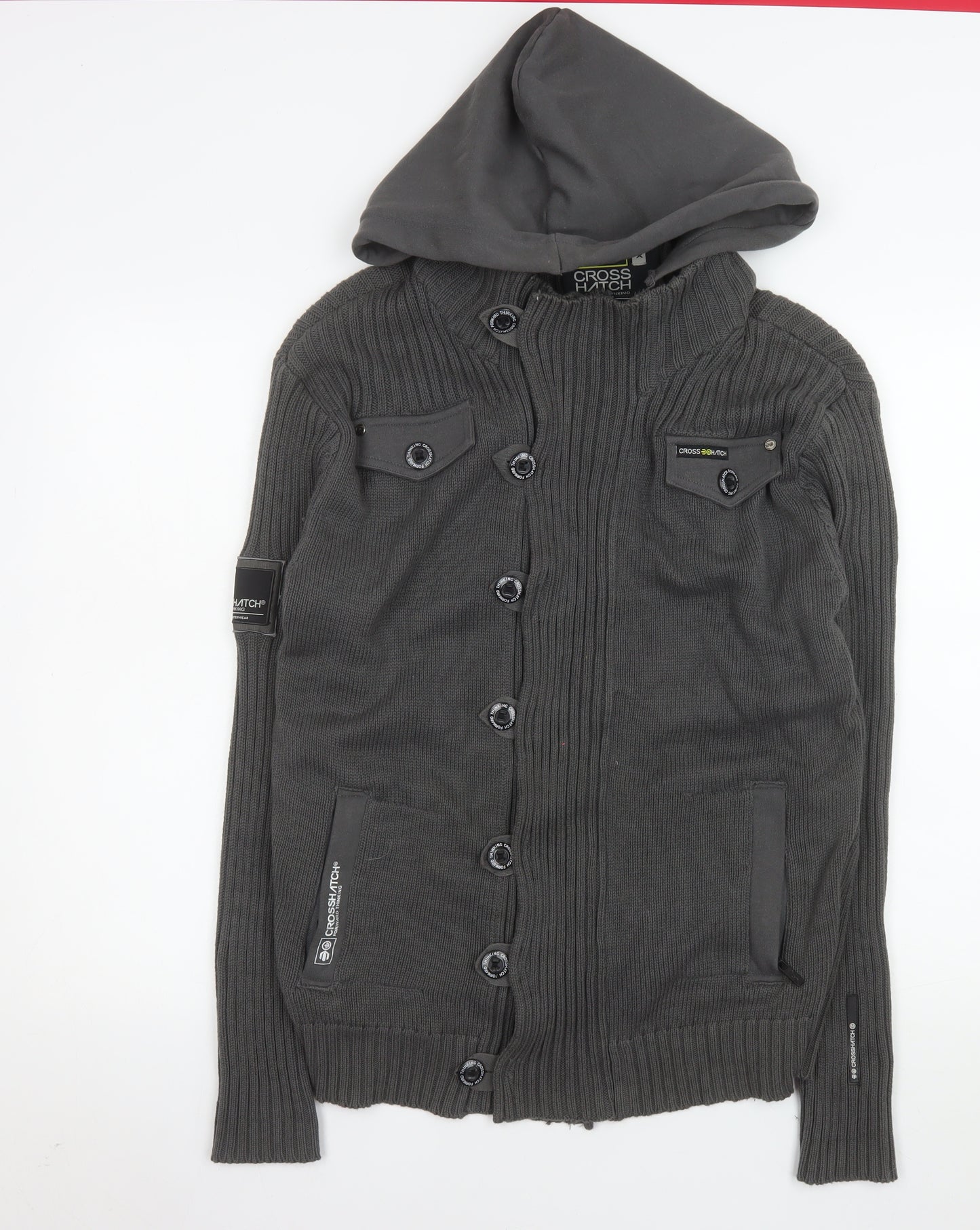 Crosshatch Men’s Grey Hooded Knit Button Jacket XL