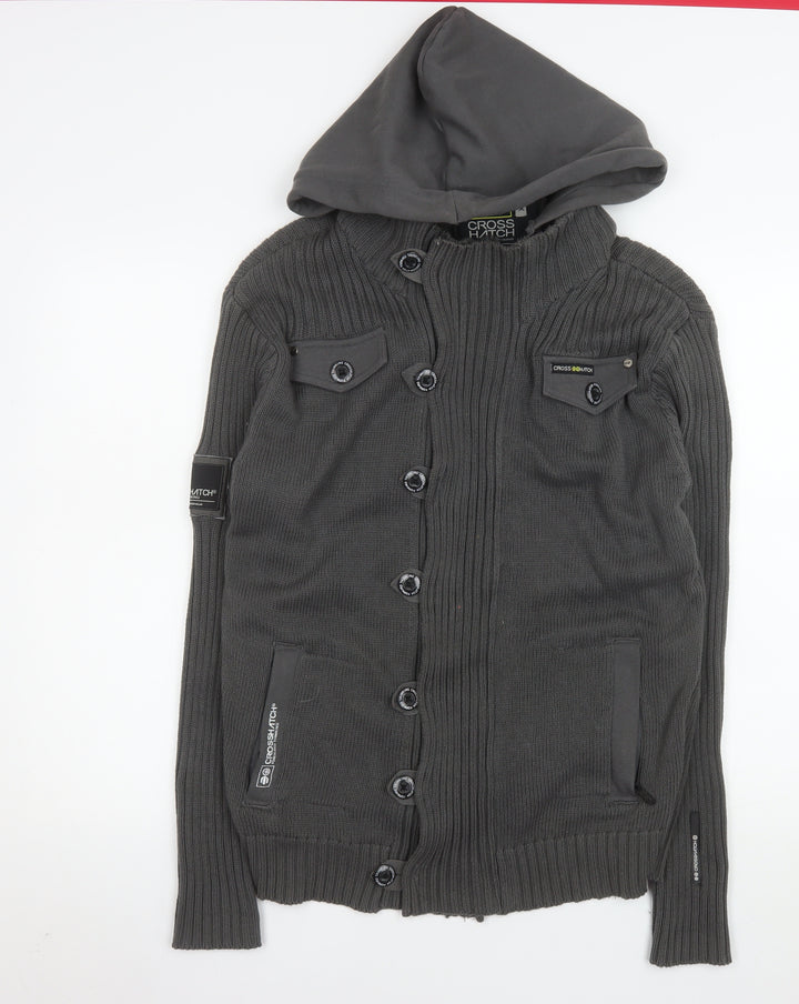 Crosshatch Men’s Grey Hooded Knit Button Jacket XL