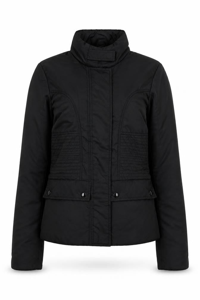Front view of Hamnett women’s black quilted biker jacket, size UK 8