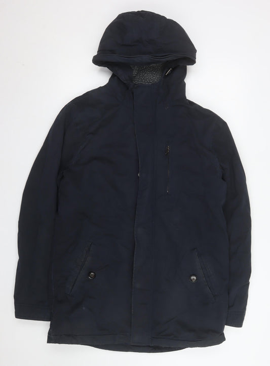 Criminal Mens Blue Cotton Parka Hooded Shower Resistant Jacket M