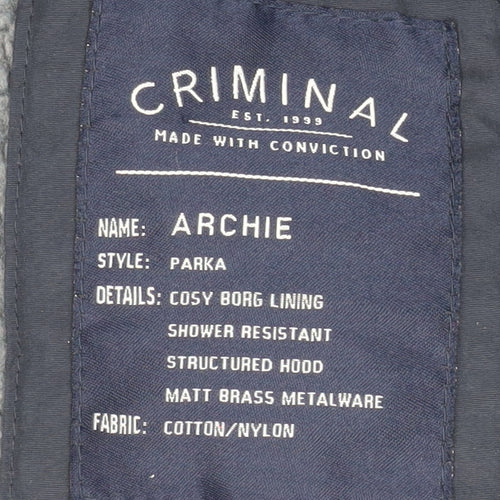 Criminal Mens Blue Cotton Parka Hooded Shower Resistant Jacket M