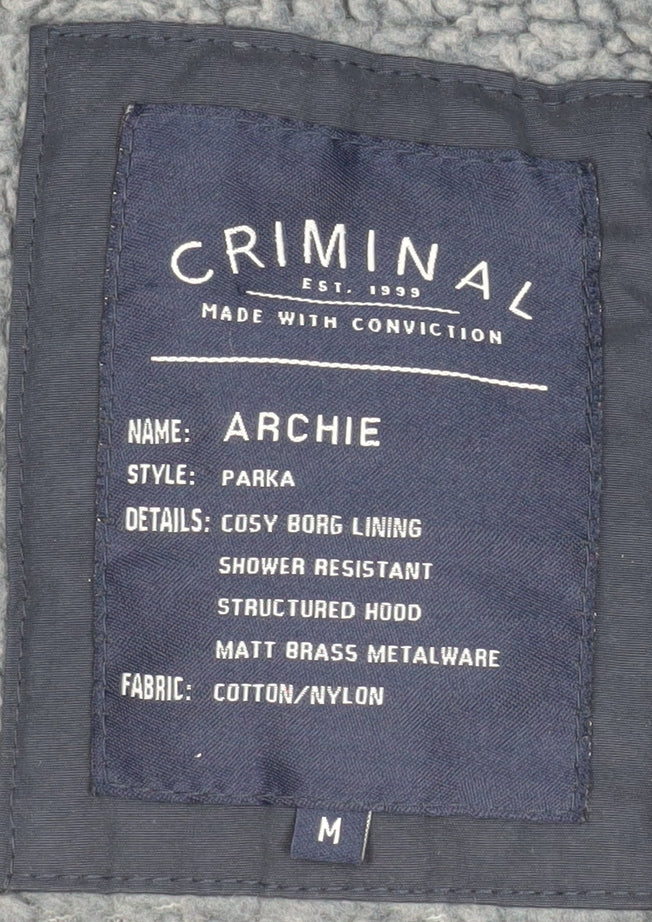 Criminal Mens Blue Cotton Parka Hooded Shower Resistant Jacket M