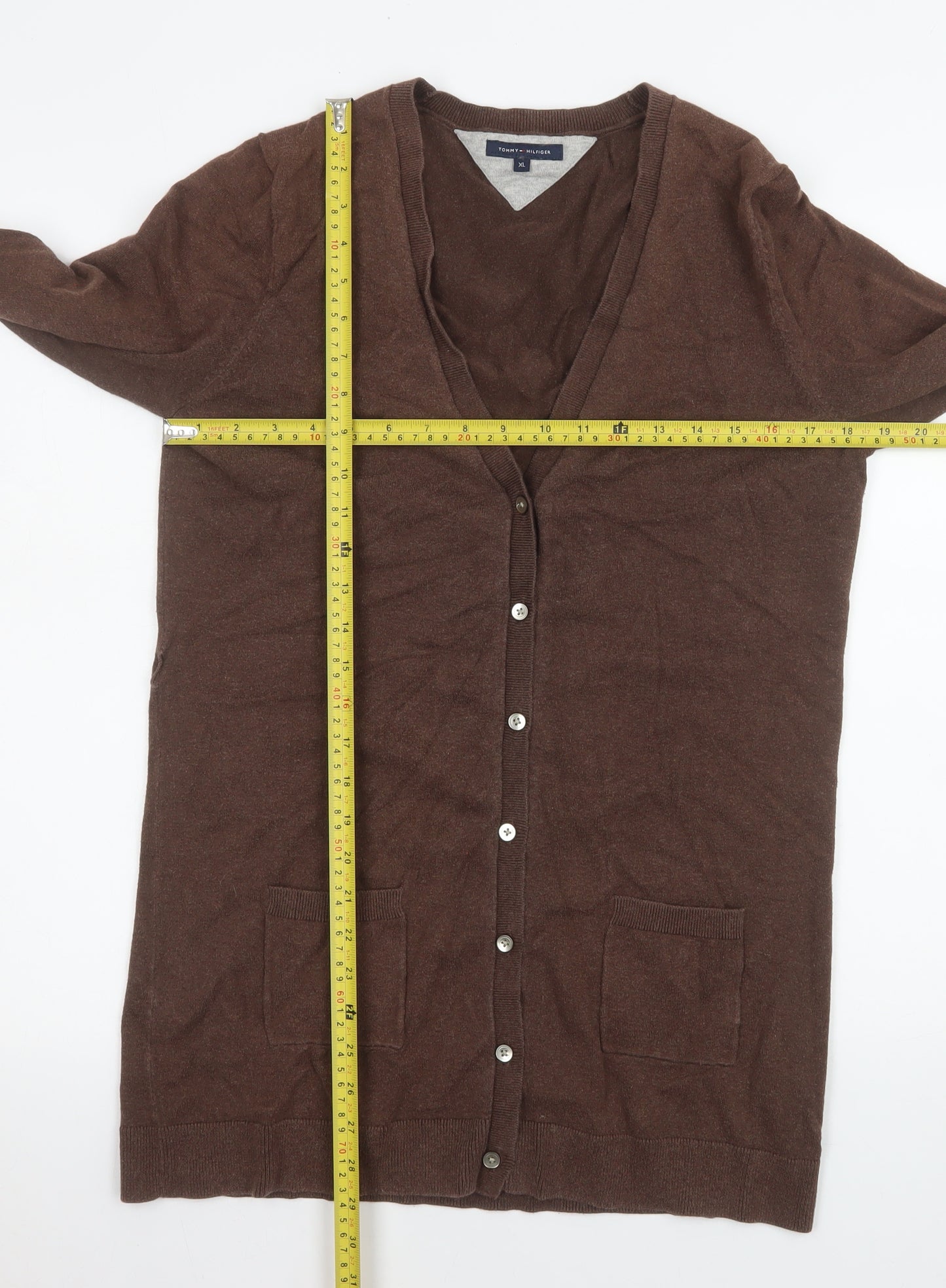 Tommy Hilfiger Women's Brown XL V-Neck Long Sleeve Cotton Cashmere Cardigan