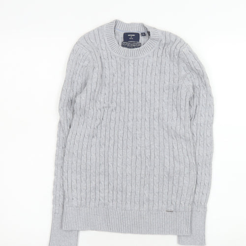 Superdry Men's Grey Cable-Knit Cotton Cashmere Crew Jumper M