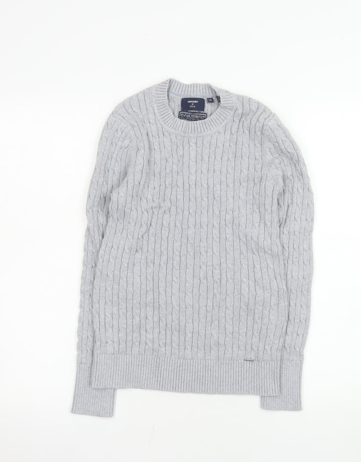 Superdry Men's Grey Cable-Knit Cotton Cashmere Crew Jumper M