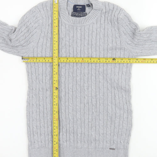 Superdry Men's Grey Cable-Knit Cotton Cashmere Crew Jumper M