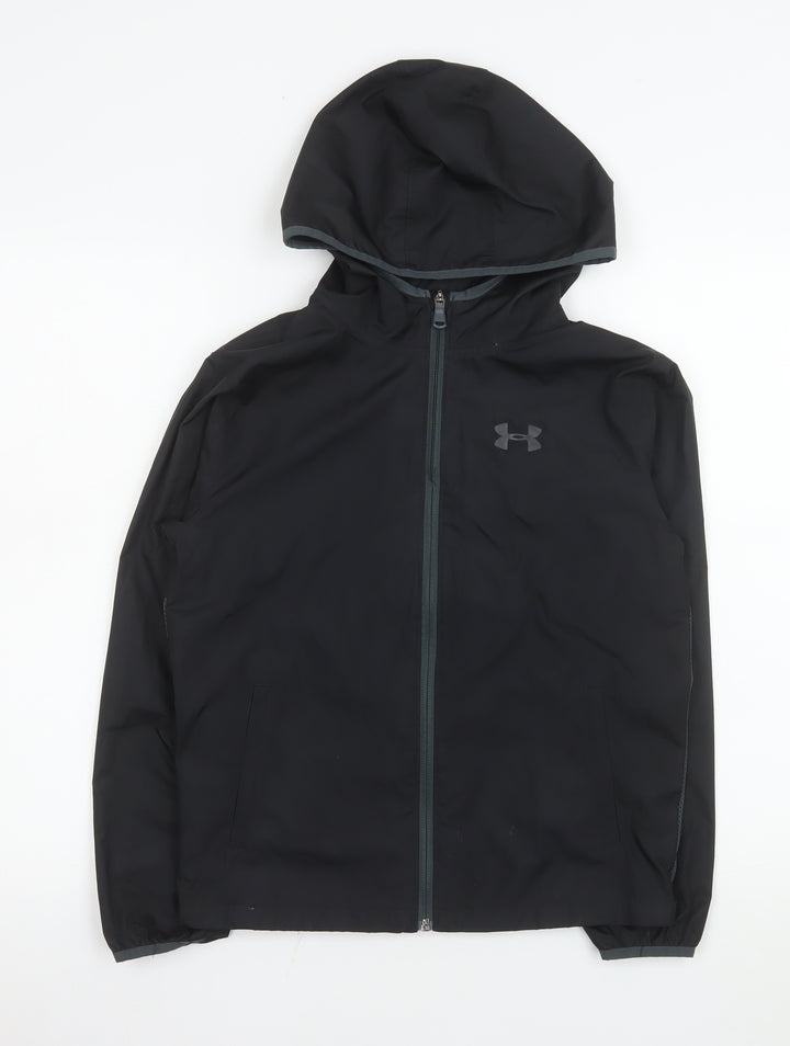 Under Armour Boys Black Windbreaker Hooded Jacket Size 10 Years