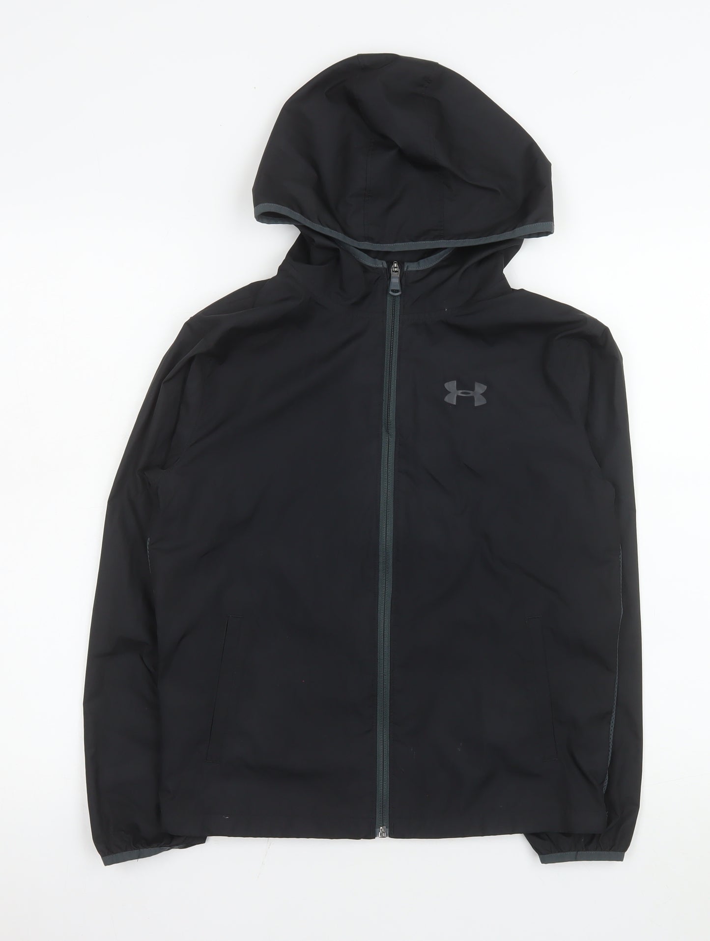 Under Armour Boys Black Windbreaker Hooded Jacket Size 10 Years