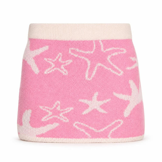 Front view of PRETTYLITTLETHING Women’s Pink Knit Mini Skirt, size S, Beach Style