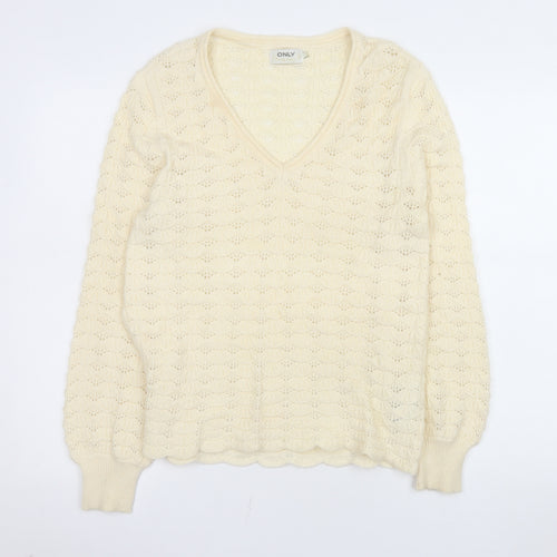 ONLY Womens Ivory V-Neck Open Knit Pullover Jumper Size M