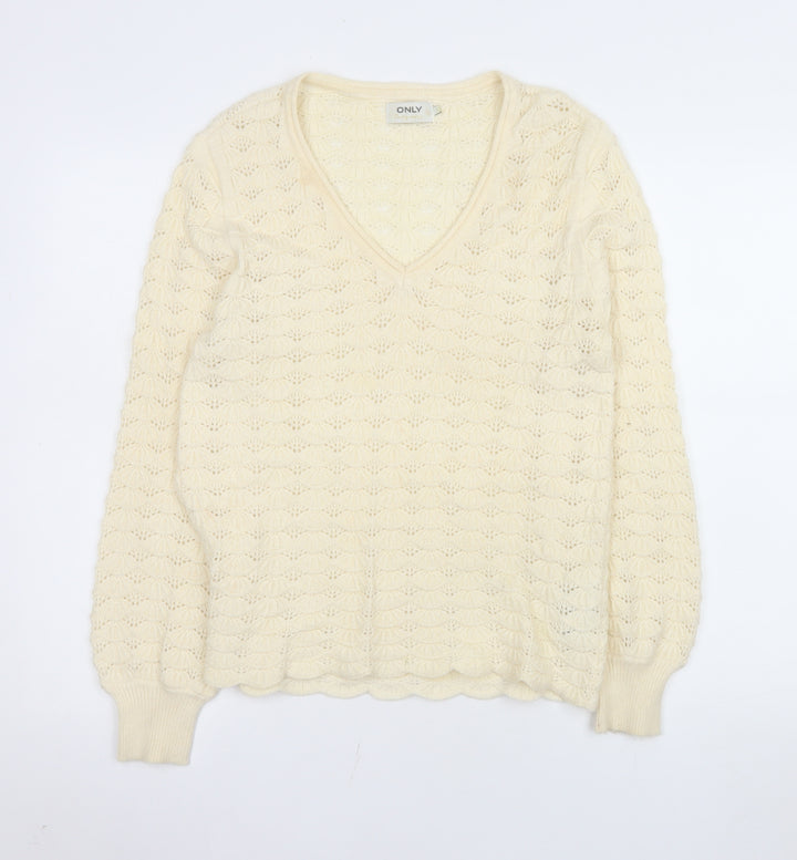 ONLY Womens Ivory V-Neck Open Knit Pullover Jumper Size M