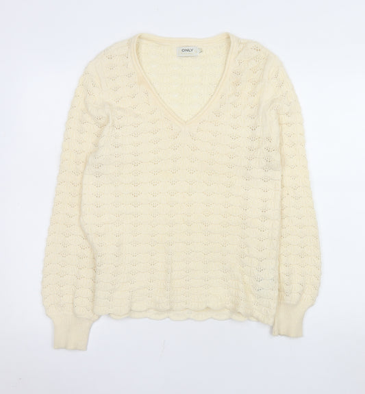 ONLY Womens Ivory V-Neck Open Knit Pullover Jumper Size M