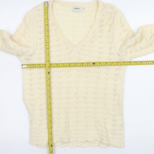 ONLY Womens Ivory V-Neck Open Knit Pullover Jumper Size M