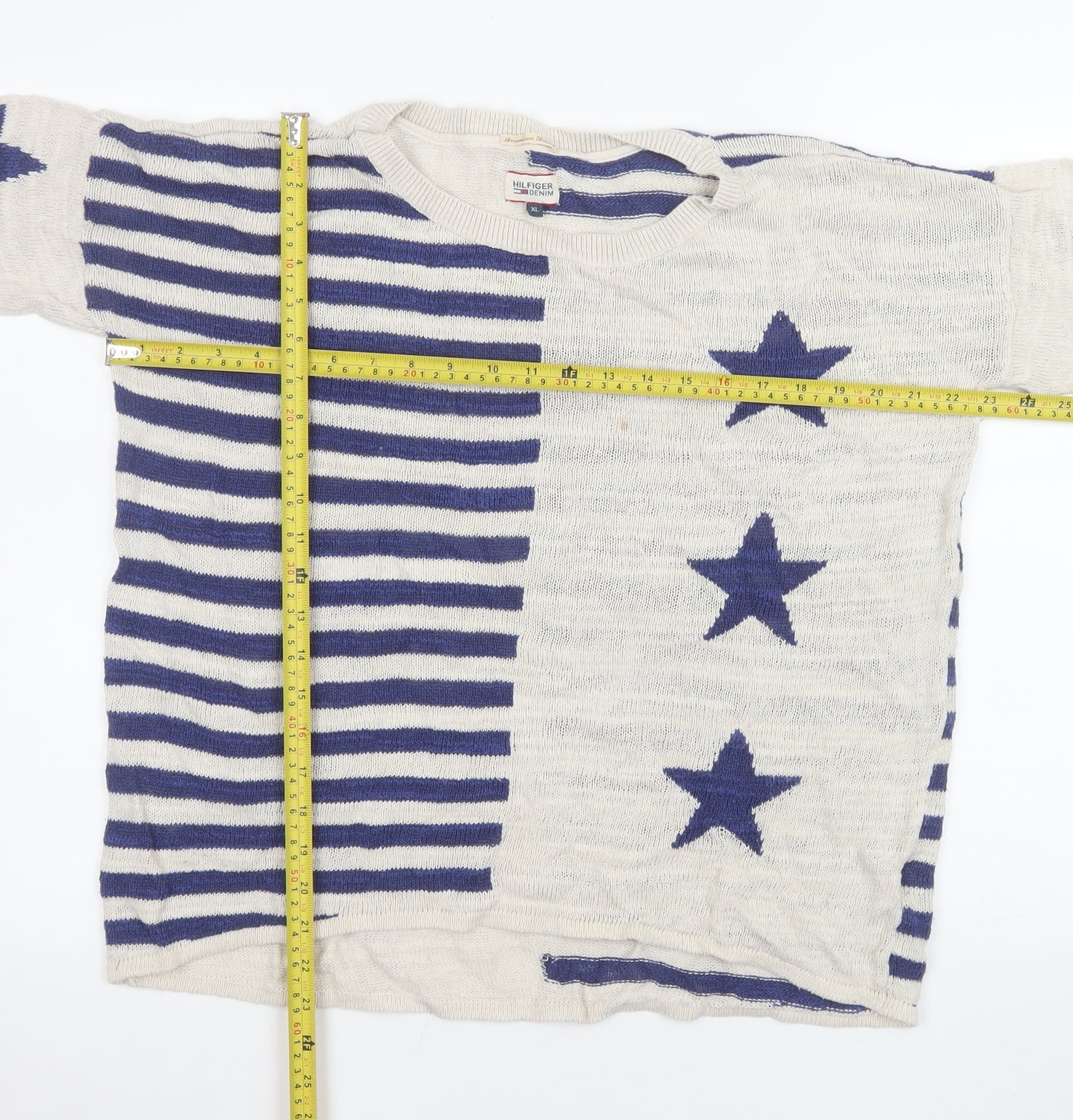 Hilfiger Denim Women's Ivory Blue Star Striped Knit Jumper XL